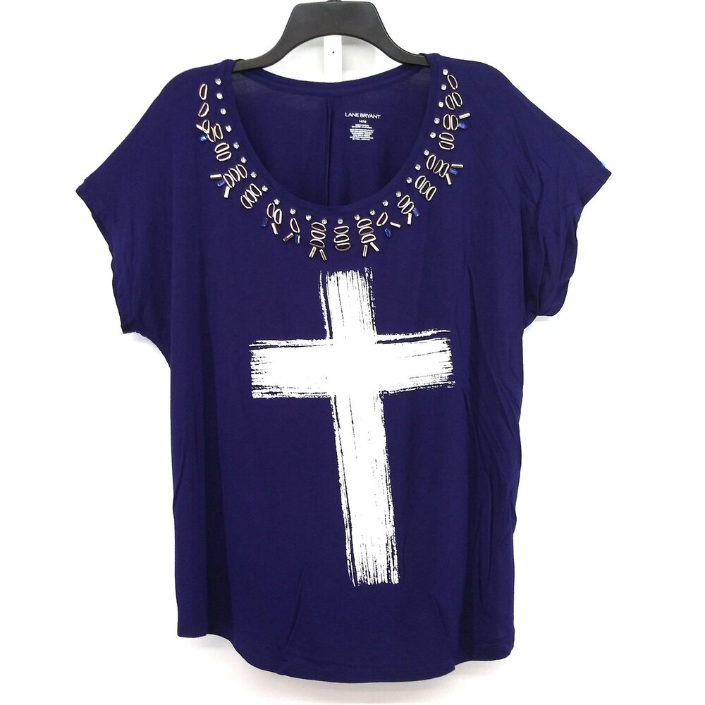 Lane Bryant Blouse Women Size 14/16 Purple Beaded Scoop Neck White Cross NWT